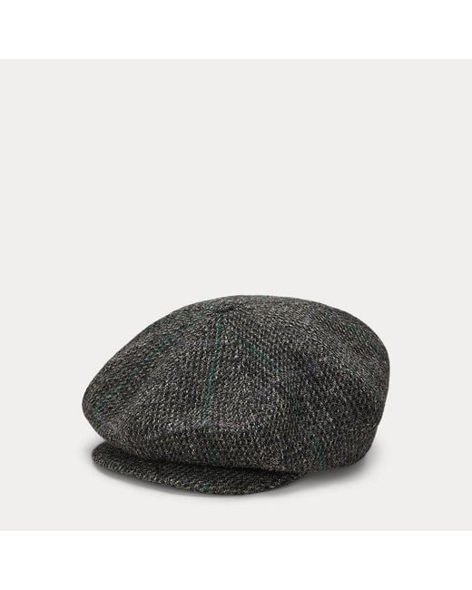 Polo Ralph Lauren Black Overcheck Tick-weave Wool Newsboy Cap for men