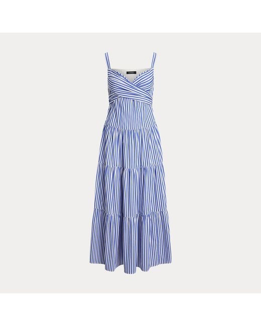 Ralph Lauren Blue Striped Cotton Broadcloth Tiered Dress