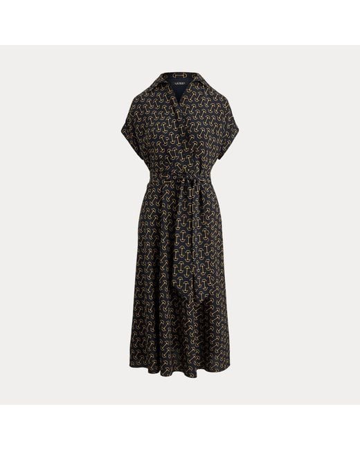 Ralph Lauren Black Geo-Print Belted Crepe Dress