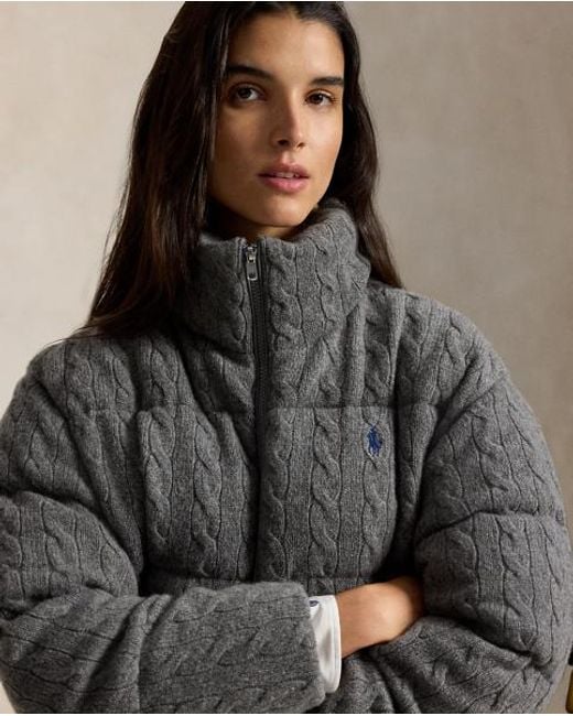 Polo Ralph Lauren Gray Cable Wool-Cashmere Puffer Jacket
