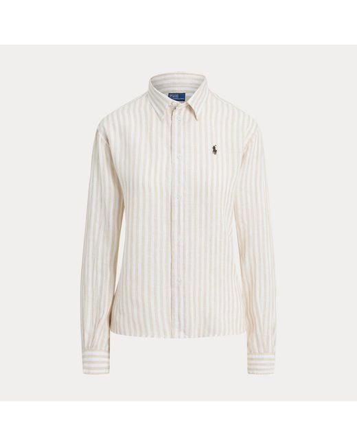 Polo Ralph Lauren White Wide Cropped Gingham Linen Shirt