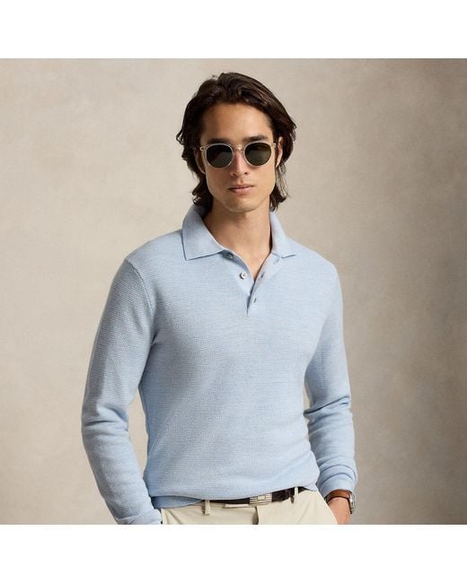 Ralph Lauren Blue Striped Performance Polo-Collar Sweater for men