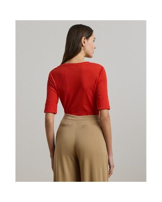Maglietta in cotone con scollo a V di Ralph Lauren in Red