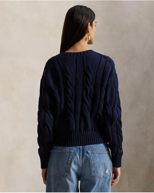 Polo Ralph Lauren Blue Cable-Knit Cotton Crewneck Cardigan