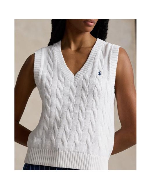 Polo Ralph Lauren White Cable-knit V-neck Jumper Waistcoat