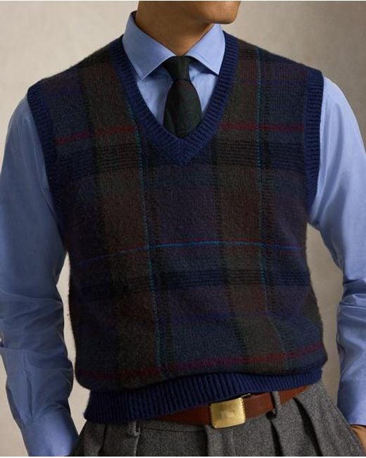 Ralph Lauren Blue Plaid Wool-Cotton Sweater Vest for men