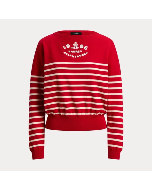 Ralph Lauren Red Logo Striped Cotton Boatneck Jumper