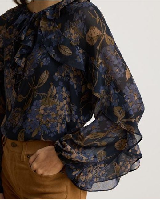 Ralph Lauren Black Ruffle-Trim Floral Georgette Blouse