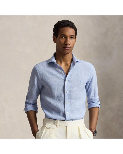 Polo Ralph Lauren Blue Custom Fit Houndstooth Linen Shirt for men