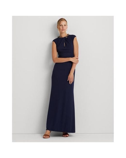 Lauren by Ralph Lauren Blue Chain-trim Stretch Jersey Gown
