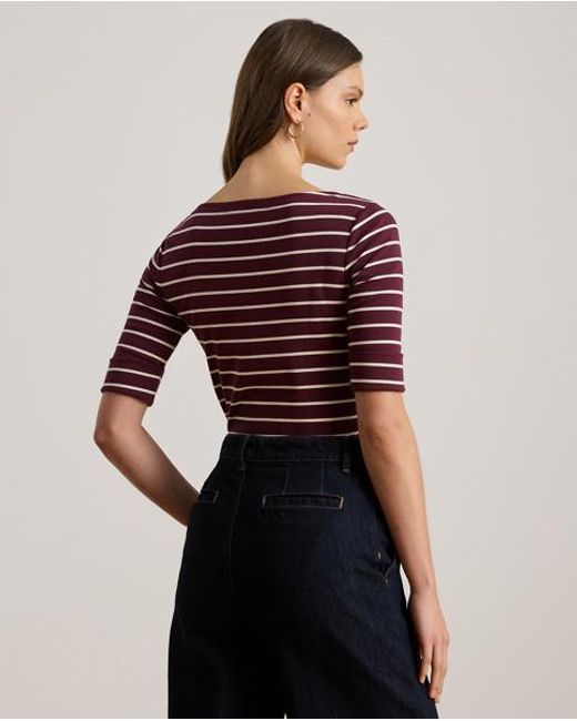 Ralph Lauren Red Striped Stretch Cotton Boatneck T-Shirt
