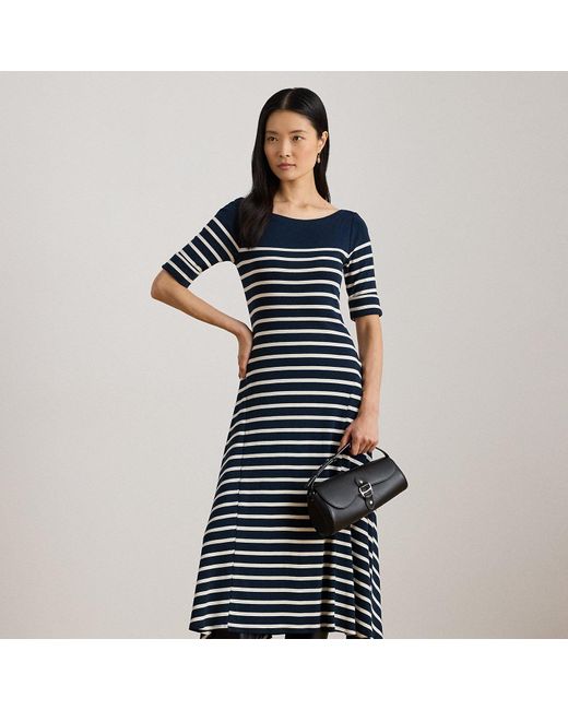 Ralph Lauren Blue Striped Cotton Rib-Knit Midi Dress