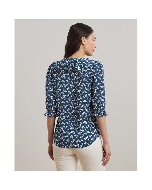 Camicetta in crêpe a fiori con volant di Ralph Lauren in Blue