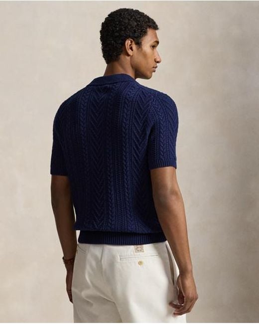 Polo Ralph Lauren Blue Aran-Knit Cotton Polo-Collar Sweater for men