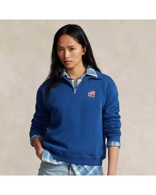 Ralph Lauren Blue Flag & Logo Fleece Quarter-zip Pullover