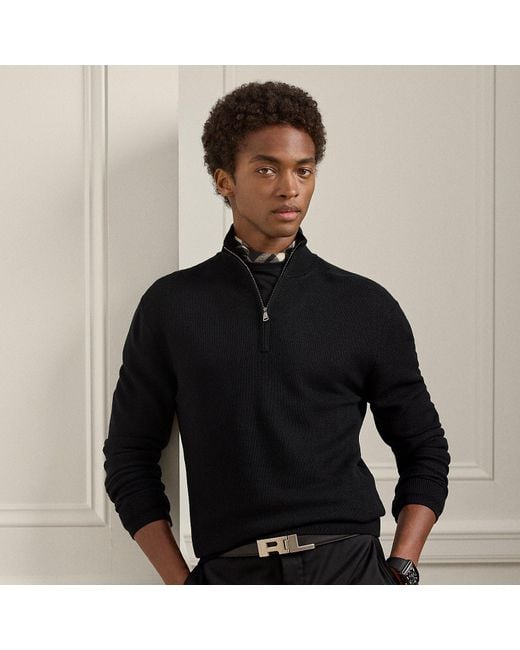 Ralph Lauren Black Quarter-Zip Piqué-Knit Wool Jumper for men