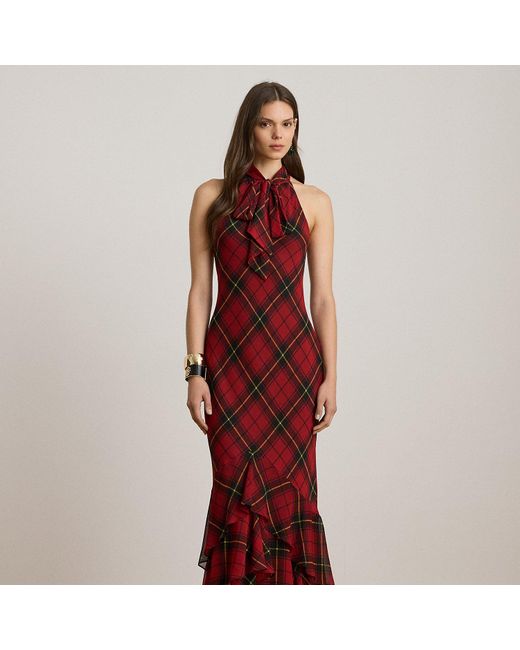 Ralph Lauren Ralph Lauren Plaid Georgette Tiered Tie-Neck Gown