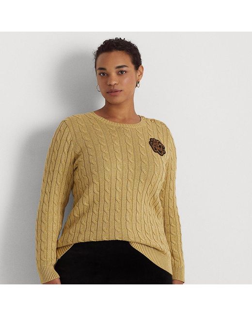 Lauren by Ralph Lauren Cotton Ralph Lauren Bullion Metallic Cableknit Sweater in Gold (Natural
