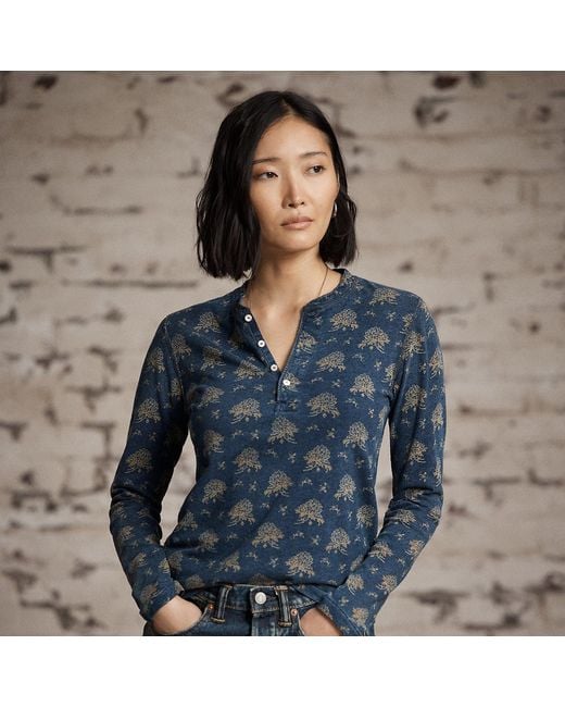 RRL Blue Floral Cotton-Linen Henley