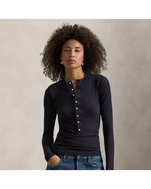 Ralph Lauren Blue Rib-Knit Cotton Henley Shirt