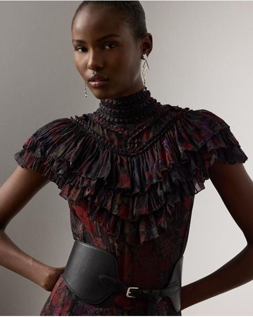 Ralph Lauren Cressida Floral Chiffon Evening Dress in Black