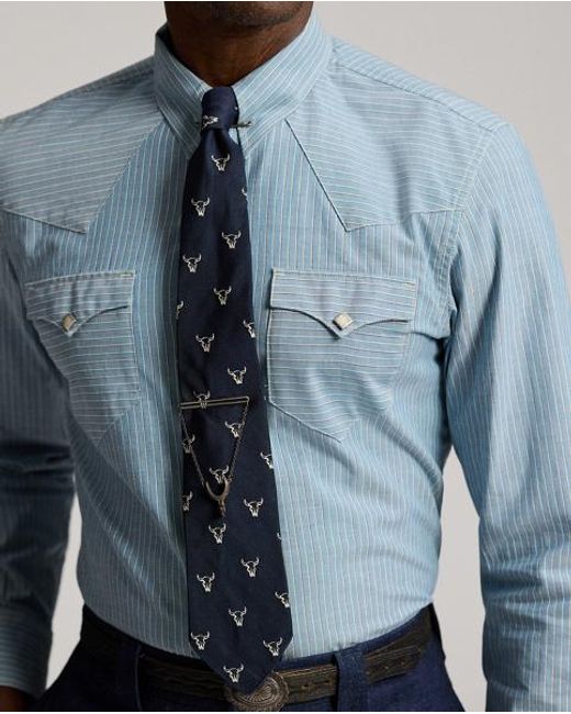 RRL Blue Slim Fit Striped Western Shirt for men