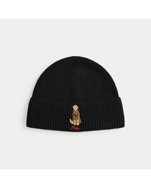 Ralph Lauren Black Dog-Embroidered Rib-Knit Beanie for men