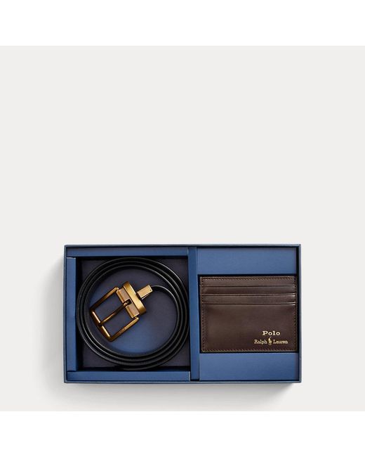 Polo Ralph Lauren Blue Leather Belt & Card Case Gift Set for men
