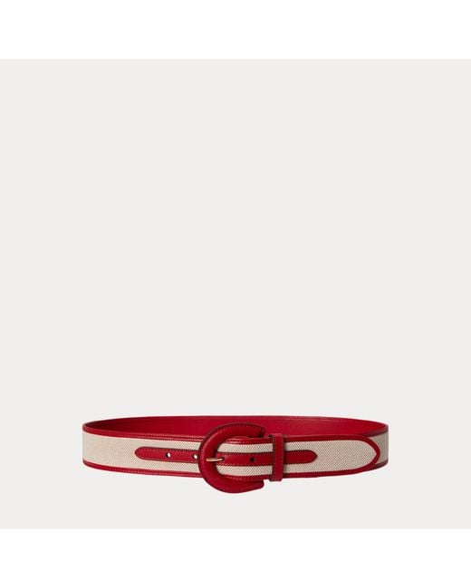 Ralph Lauren Crescent-Buckle Canvas-Leather Wide Belt in Red  display picture 1