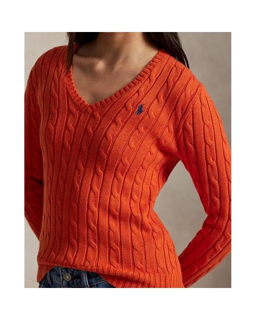 Maglia in cotone a trecce con scollo a V di Polo Ralph Lauren in Red