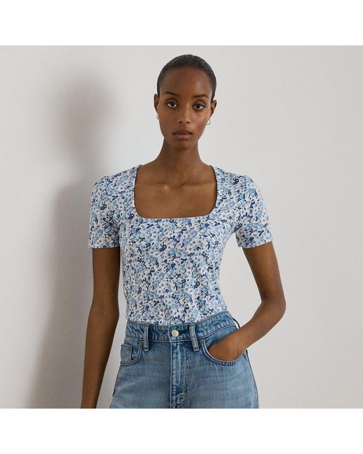 Ralph Lauren Blue Floral Cotton Jersey Square-Neck Top