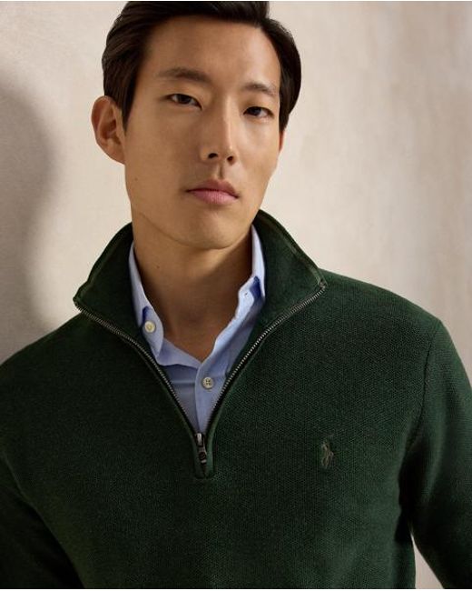 Ralph Lauren Green Mesh-Knit Cotton Quarter-Zip Sweater for men