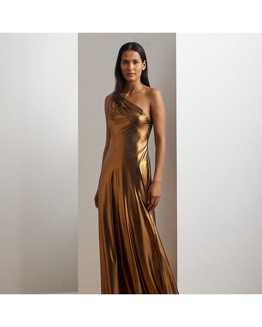 Ralph Lauren Brown Ralph Lauren Metallic Chiffon One-Shoulder Gown
