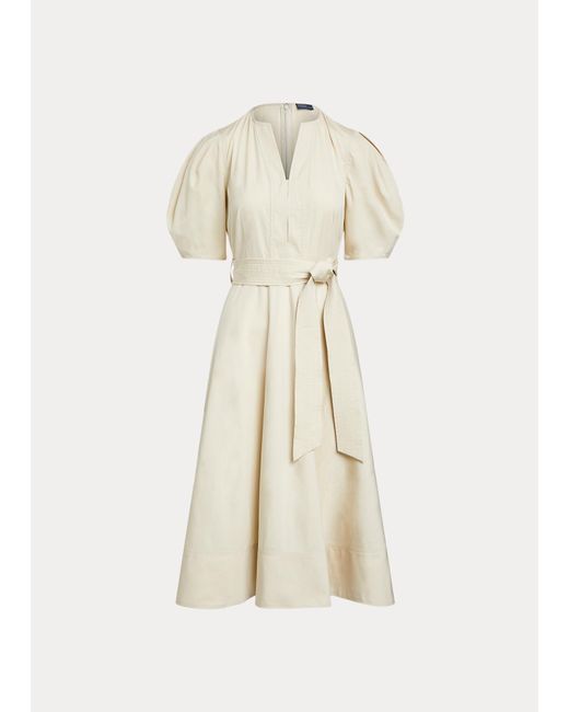 Polo Ralph Lauren Natural Belted Cotton Puffed-sleeve Midi Dress