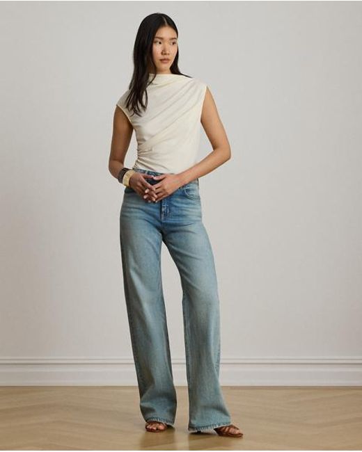 Ralph Lauren Natural Shirred Stretch Jersey Mockneck Top