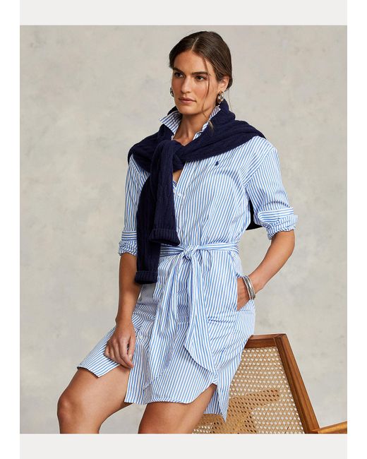 Chemisier a righe con cinturaPolo Ralph Lauren in Cotone di colore Blu |  Lyst