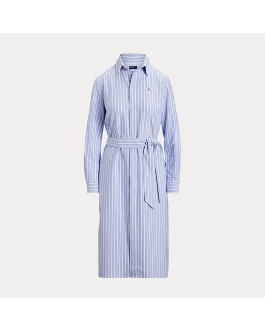Polo Ralph Lauren Blue Striped Cotton Oxford Belted Shirt Dress
