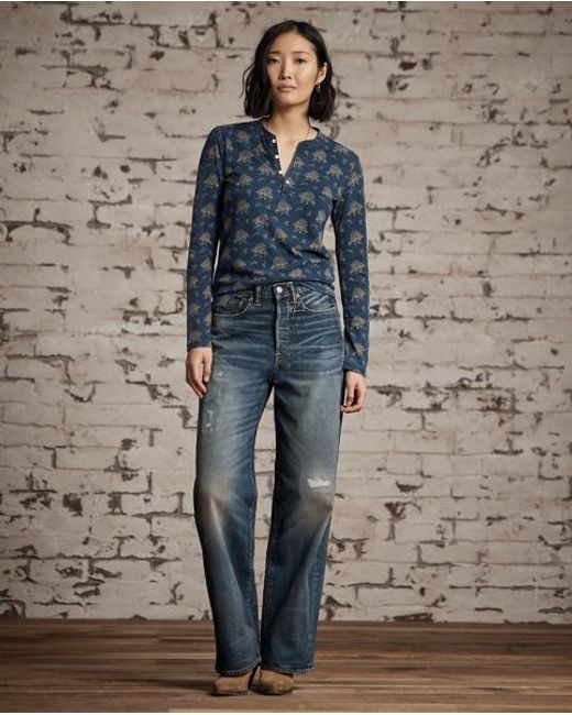 RRL Blue Floral Cotton-Linen Henley