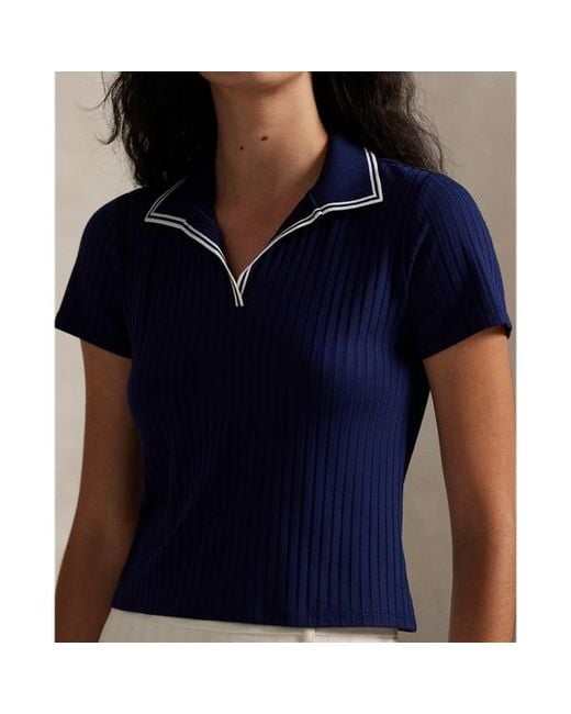 Ralph Lauren Blue Slim Fit Rib-Knit Cricket Polo Shirt