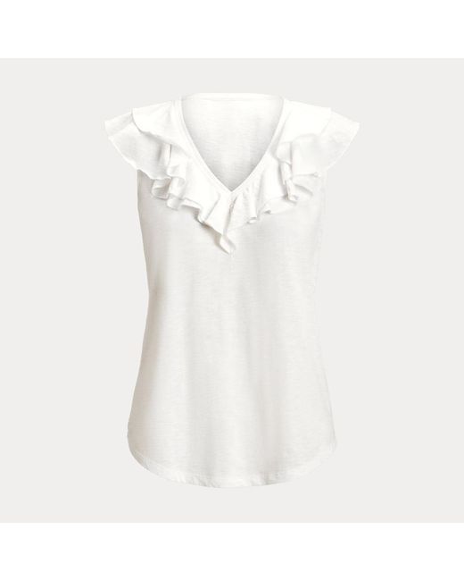 Lauren by Ralph Lauren Mouwloos Slub Jersey T-shirt Met Ruches in het White
