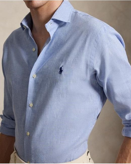Polo Ralph Lauren Blue Custom Fit Houndstooth Linen-Blend Shirt for men