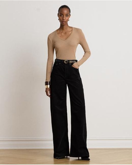 Ralph Lauren Natural Rib-Knit Long-Sleeve V-Neck Top