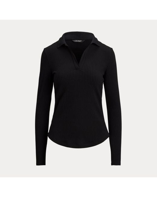 Ralph Lauren Black Langärmliges, Geripptes Polo-Oberteil