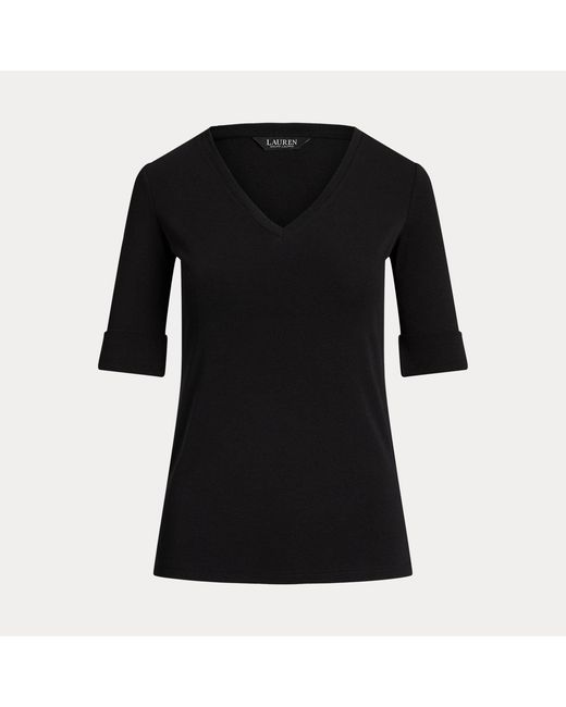 Ralph Lauren Black Stretch Cotton Elbow-Sleeve V-Neck Tee