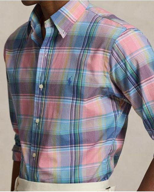 Polo Ralph Lauren Blue Custom Fit Plaid Poplin Shirt for men