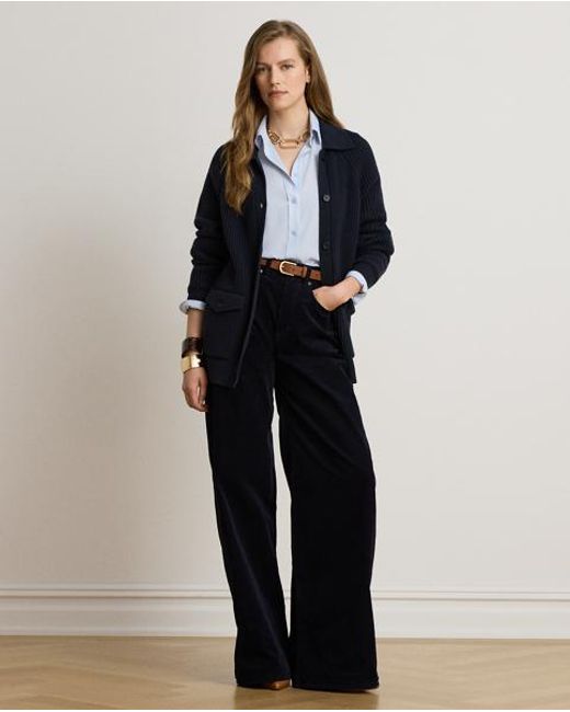 Ralph Lauren Blue Wool-Blend Rib-Knit Collared Cardigan