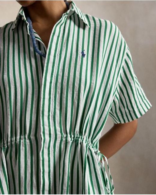 Polo Ralph Lauren Green Striped Linen-Cotton Drawcord Shirtdress