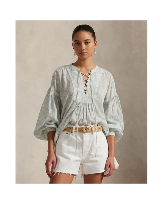 Camicia in cotone a fiori con laccetti di Polo Ralph Lauren in Blue