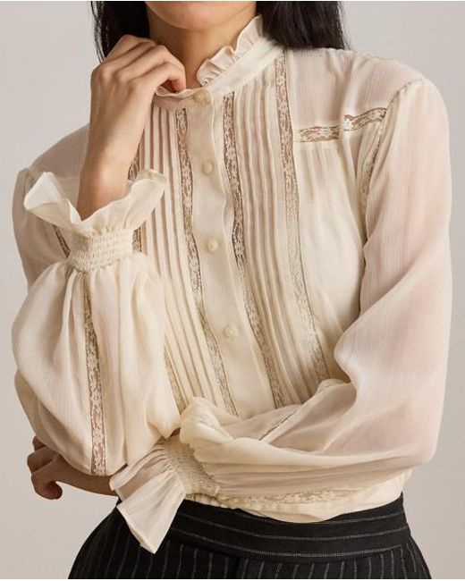 Ralph Lauren Natural Lace-Trim Crinkle Georgette Blouse