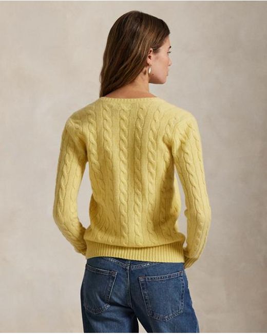 Polo Ralph Lauren Wollen-Kasjmier Kabeltrui Met V-Hals in het Yellow